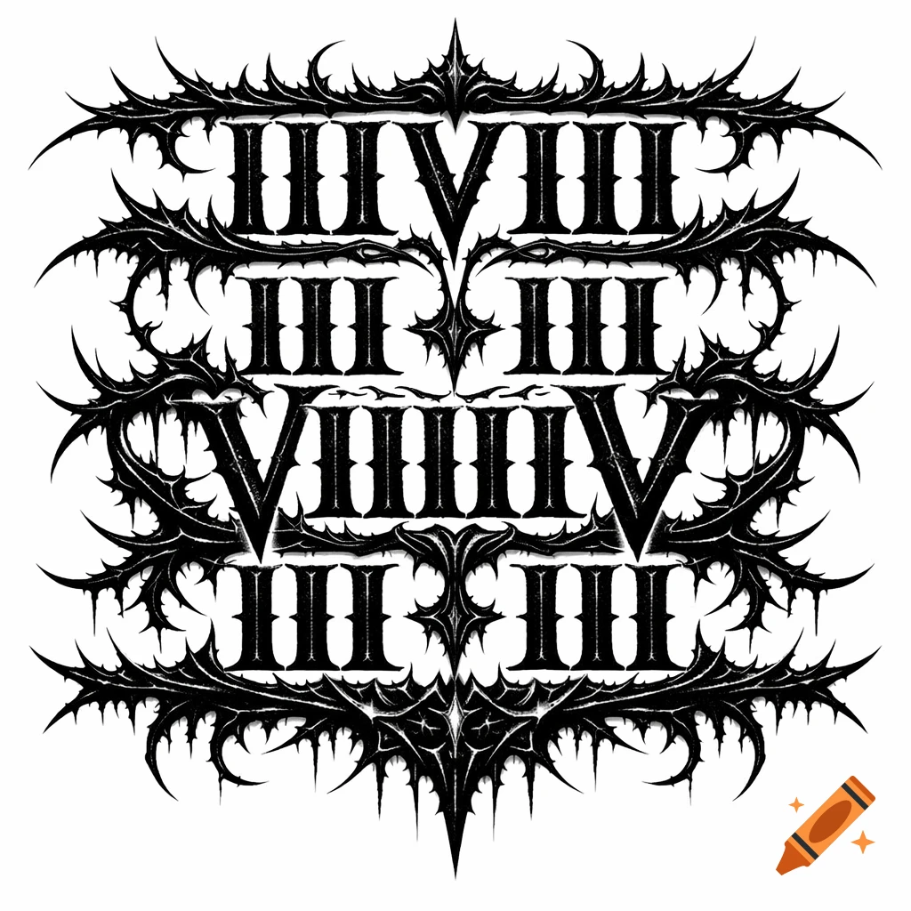 Black gothic ornamentation with Roman numerals arranged in a black metal style, suitable for a tattoo template.