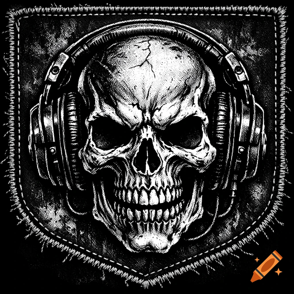 Black and white illustration of a skull wearing headphones, set against a textured patch background with stitching.