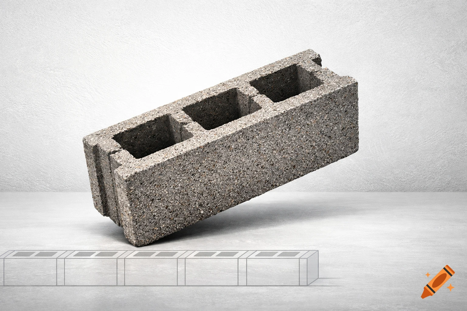 A grey concrete block with three hollow cores is angled on a light grey surface, with a semi-transparent outline of blocks beneath it. The background is a textured light grey wall.