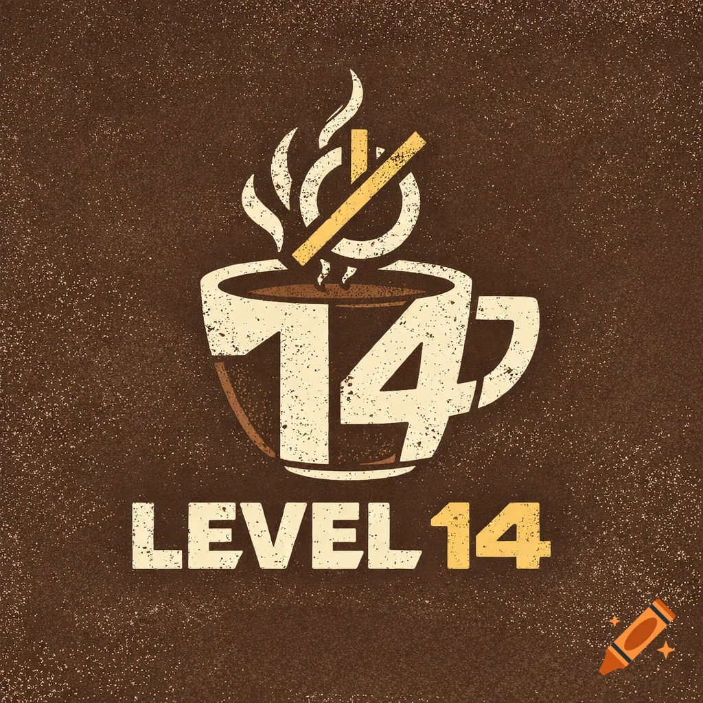 Distressed logo for 'Level 14' coffee shop, featuring a cup with the number 14 and an out-of-order symbol on top.