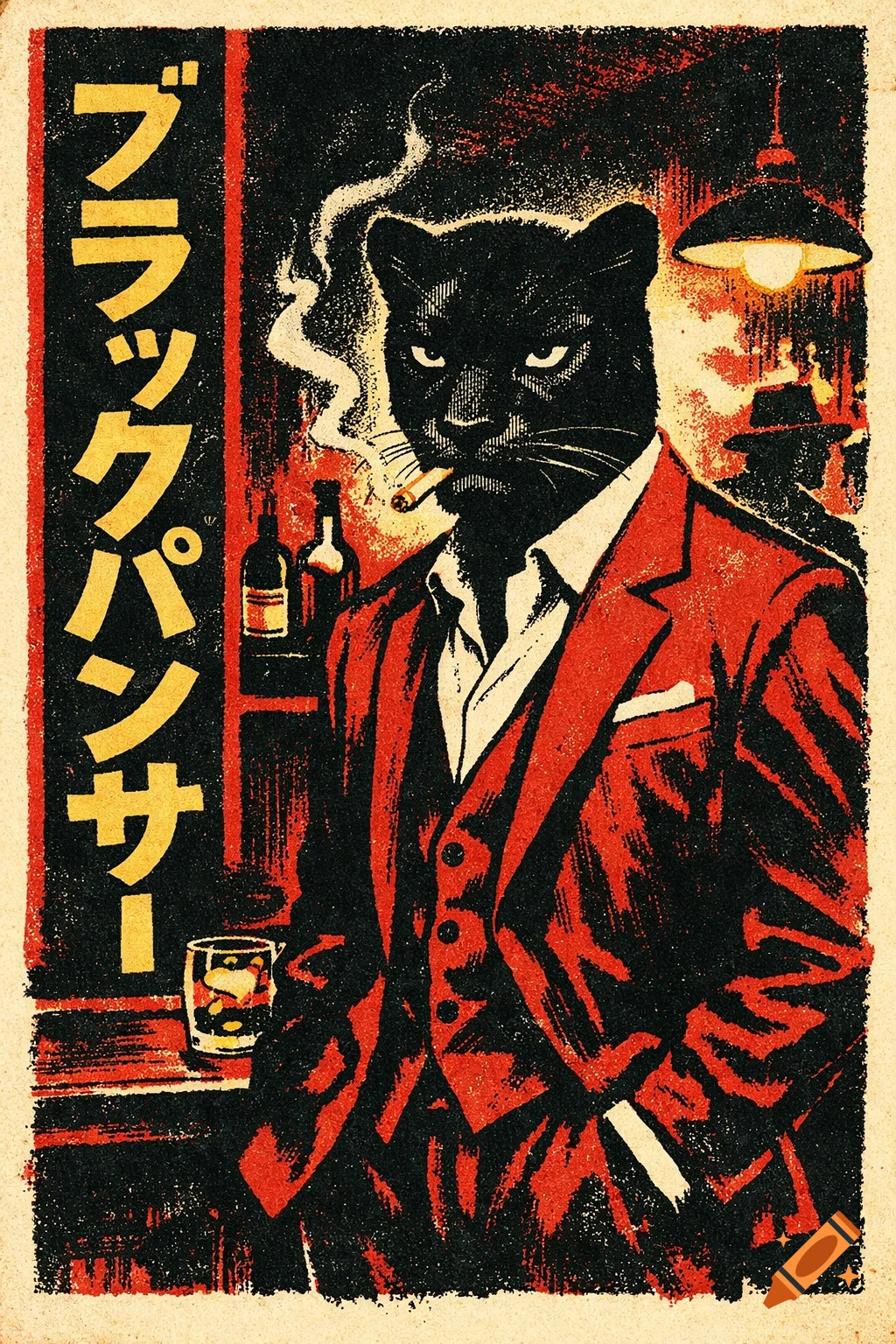 An anthropomorphic black panther in a red suit and white shirt smokes a cigarette in a dimly lit bar, vintage Japanese graphic design style.