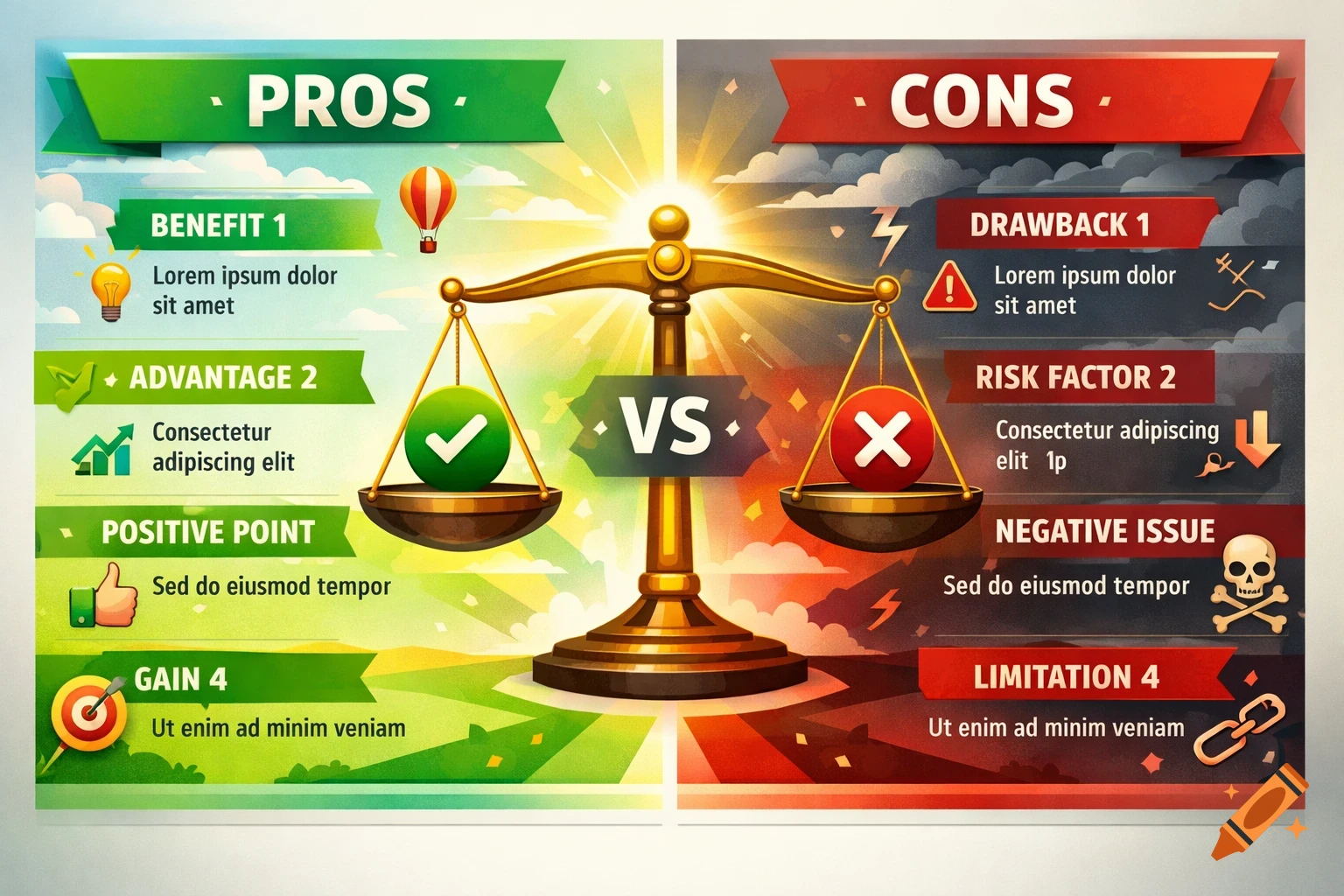 A colorful infographic poster displaying pros and cons with a golden scale in the center, balancing a green checkmark and a red X.
