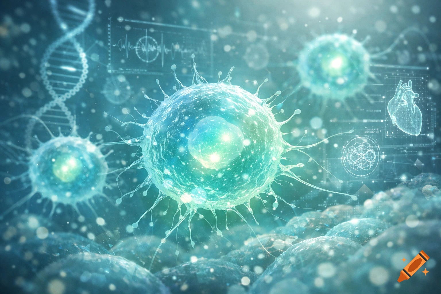 Close-up microscopic view of glowing blue and green cells, resembling viruses or stem cells, against a backdrop of DNA strands and abstract medical data screens.