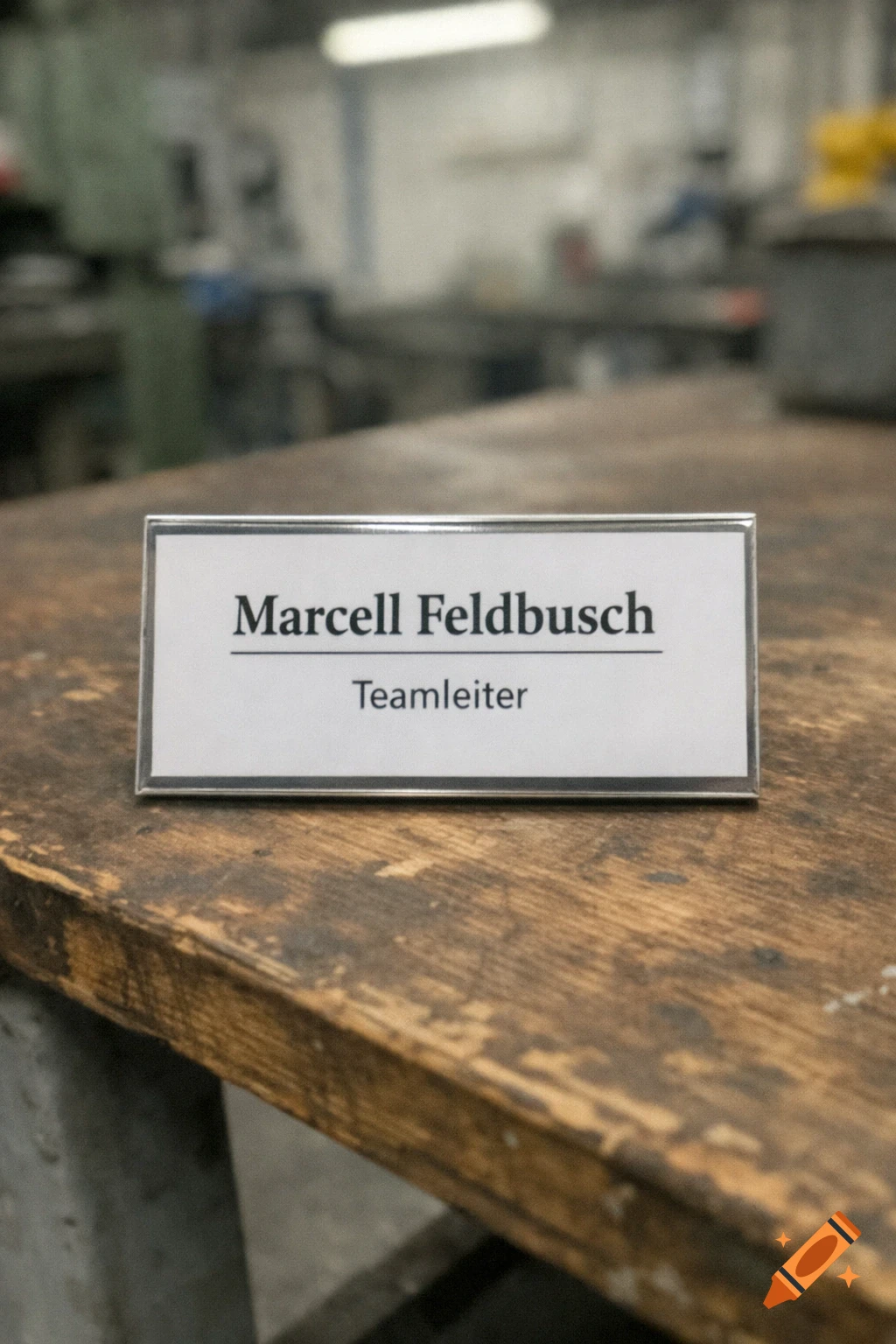 A close-up, photorealistic image of a name tag in a silver frame on a rustic wooden table in an industrial setting. The name tag reads "Marcell Feldbusch" and "Teamleiter".