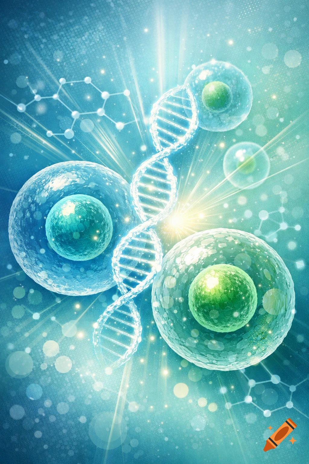 Glowy, abstract scientific art featuring a DNA helix and multiple cells in blue and green tones, with light rays.
