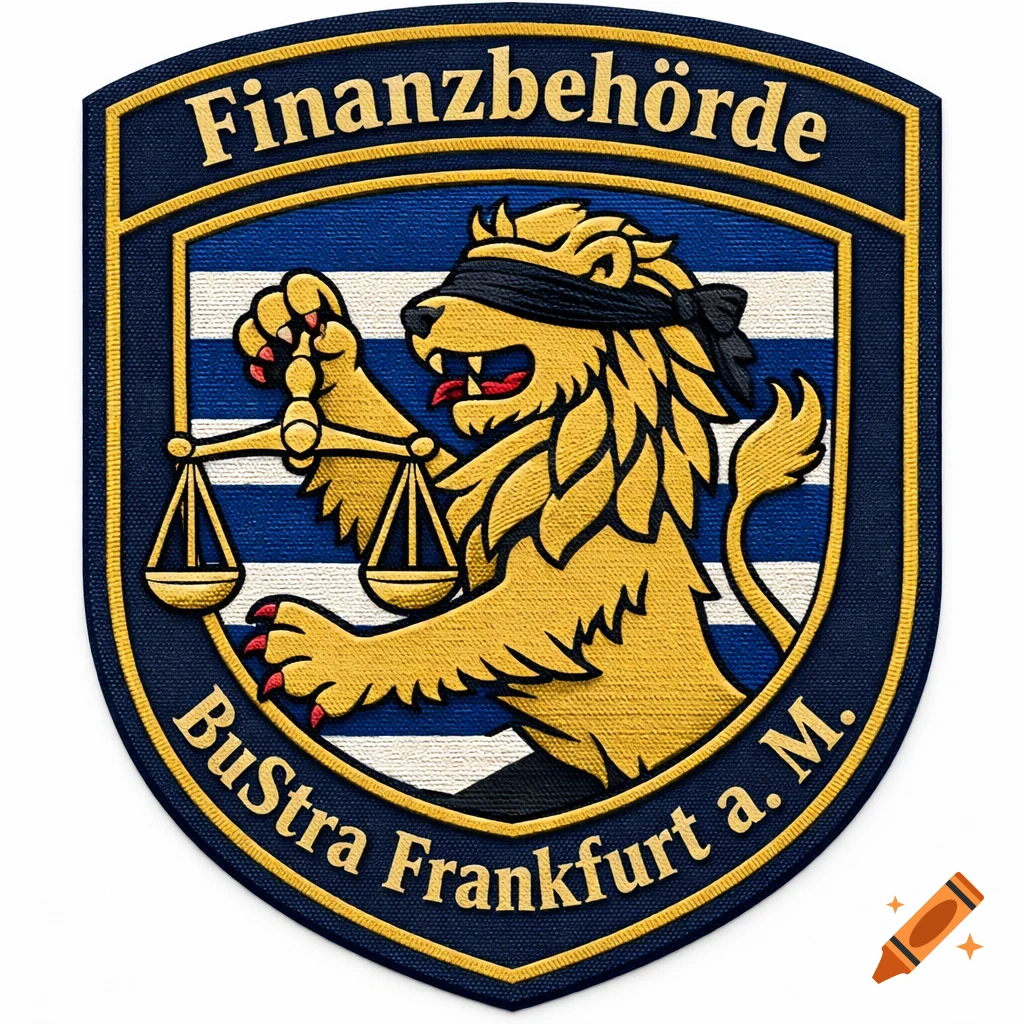 Embroidered patch with a blindfolded golden lion holding scales on a striped background. Text 'Finanzbehörde' and 'BuStra Frankfurt a. M.'.