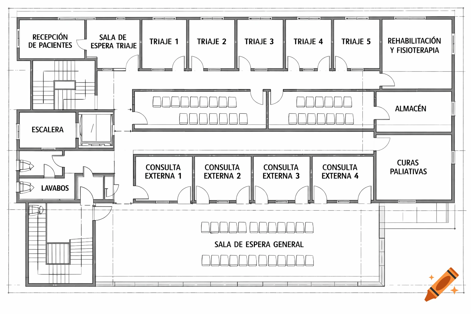 A black and white architectural floor plan of a hospital, showing various rooms like reception, triage, waiting areas, external consultation rooms, rehabilitation, storage, and bathrooms, all labeled in Spanish.