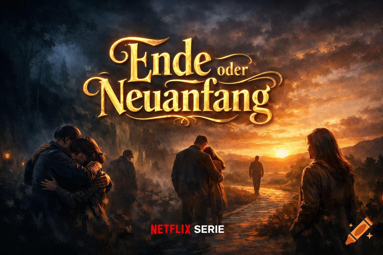 Dramatic series poster 'Ende oder Neuanfang' with figures embracing and walking along a path under a vibrant sunset.