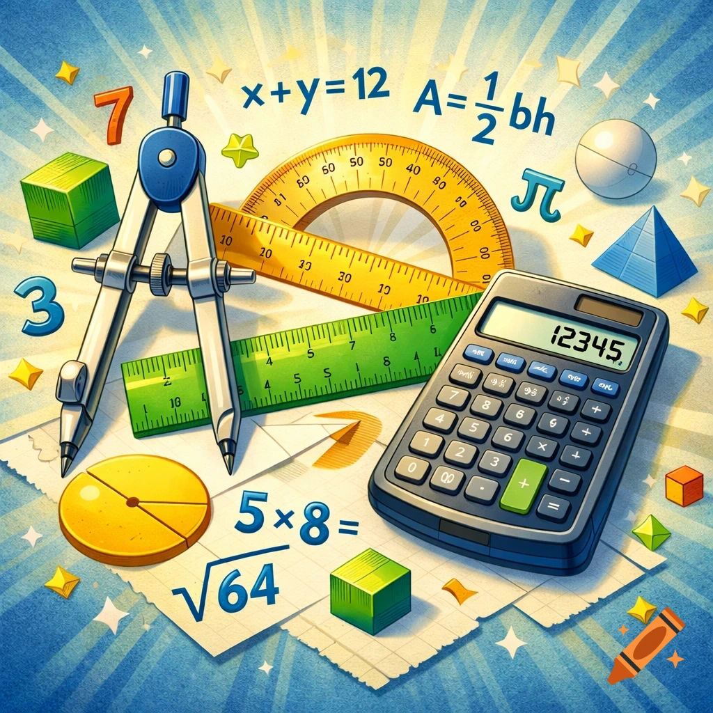 A colorful illustration of math tools and concepts, including a compass, ruler, protractor, calculator, equations, and geometric shapes.