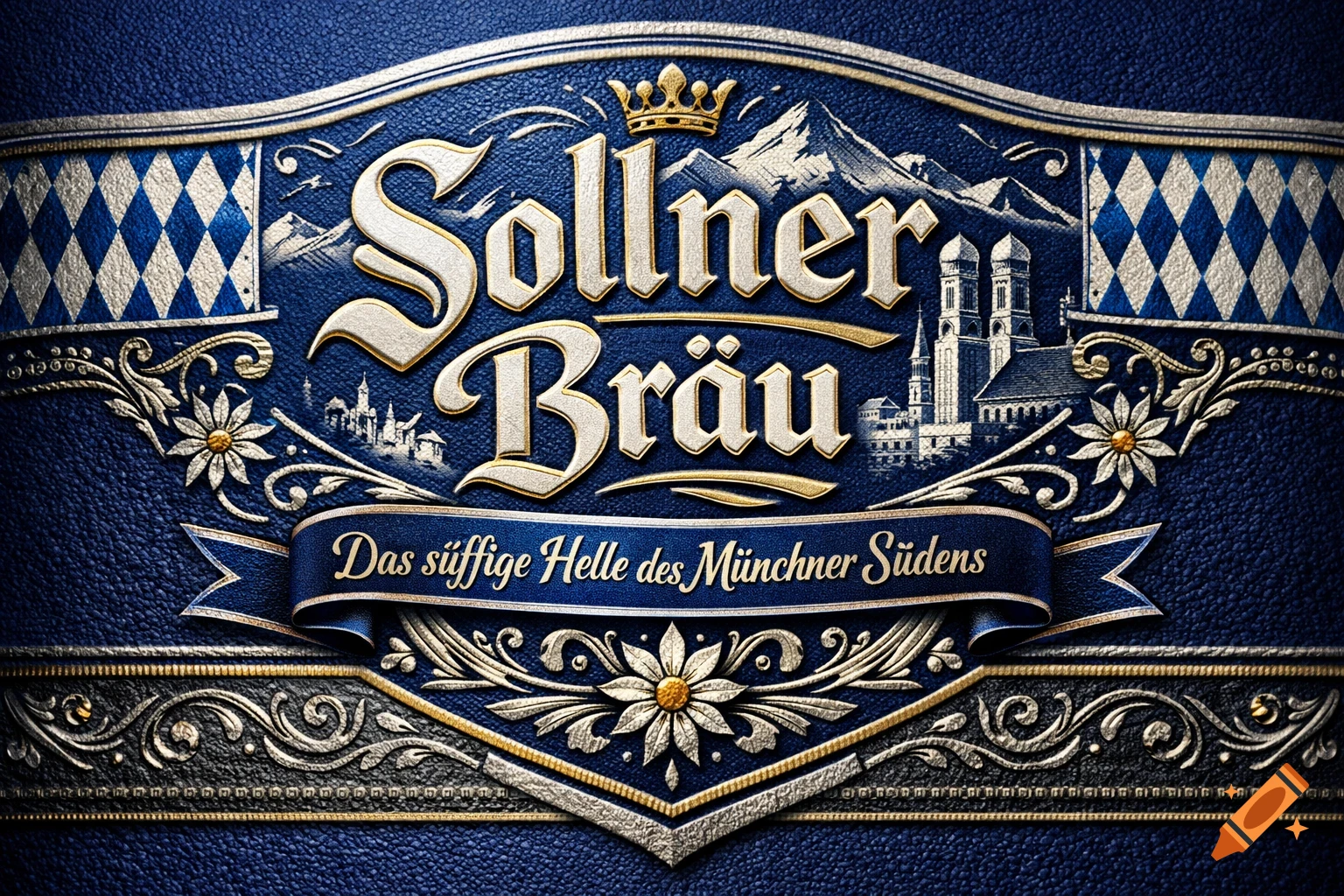 A blue and gold vintage-style beer label for "Sollner Bräu" with Bavarian diamond pattern, mountains, and Munich architecture.
