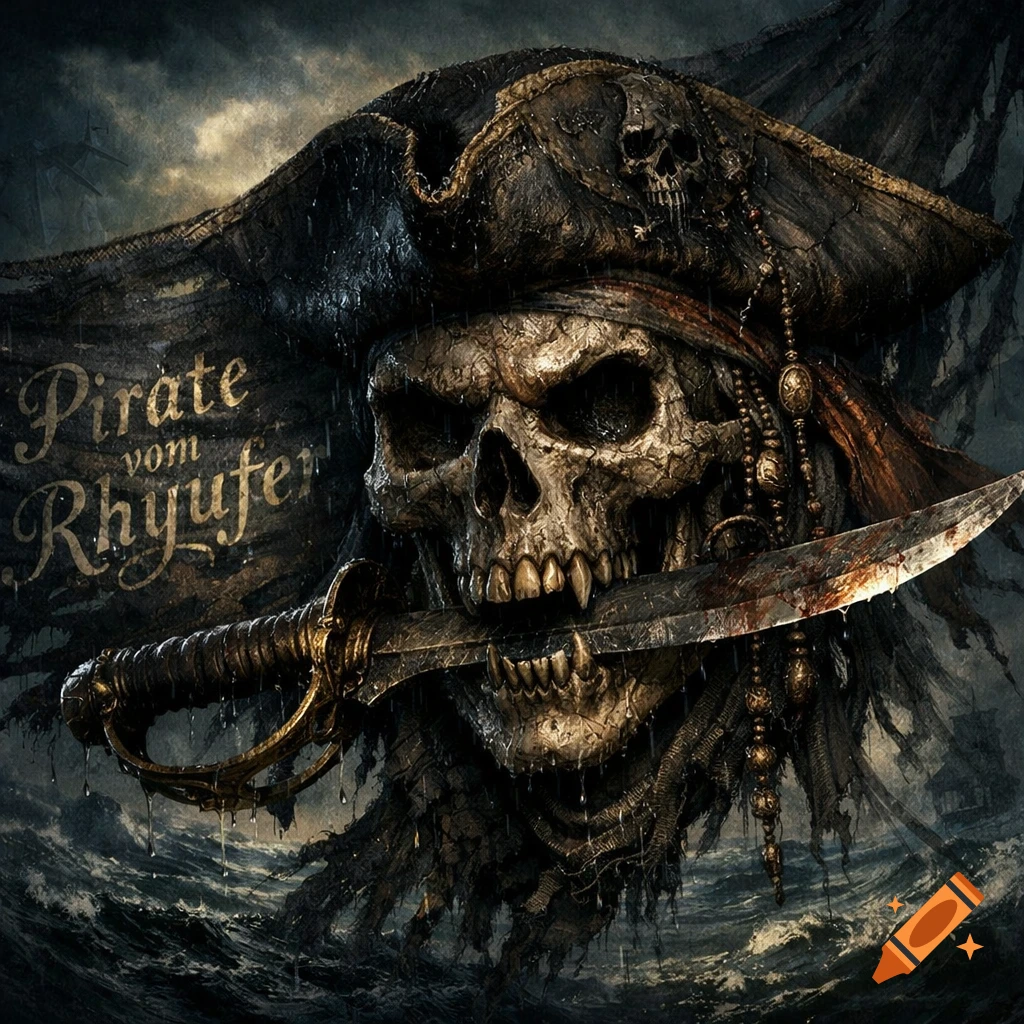 A detailed, dark fantasy illustration of a skull wearing a pirate hat, holding a bloody dagger in its mouth amidst a stormy sea, with text on a flag.