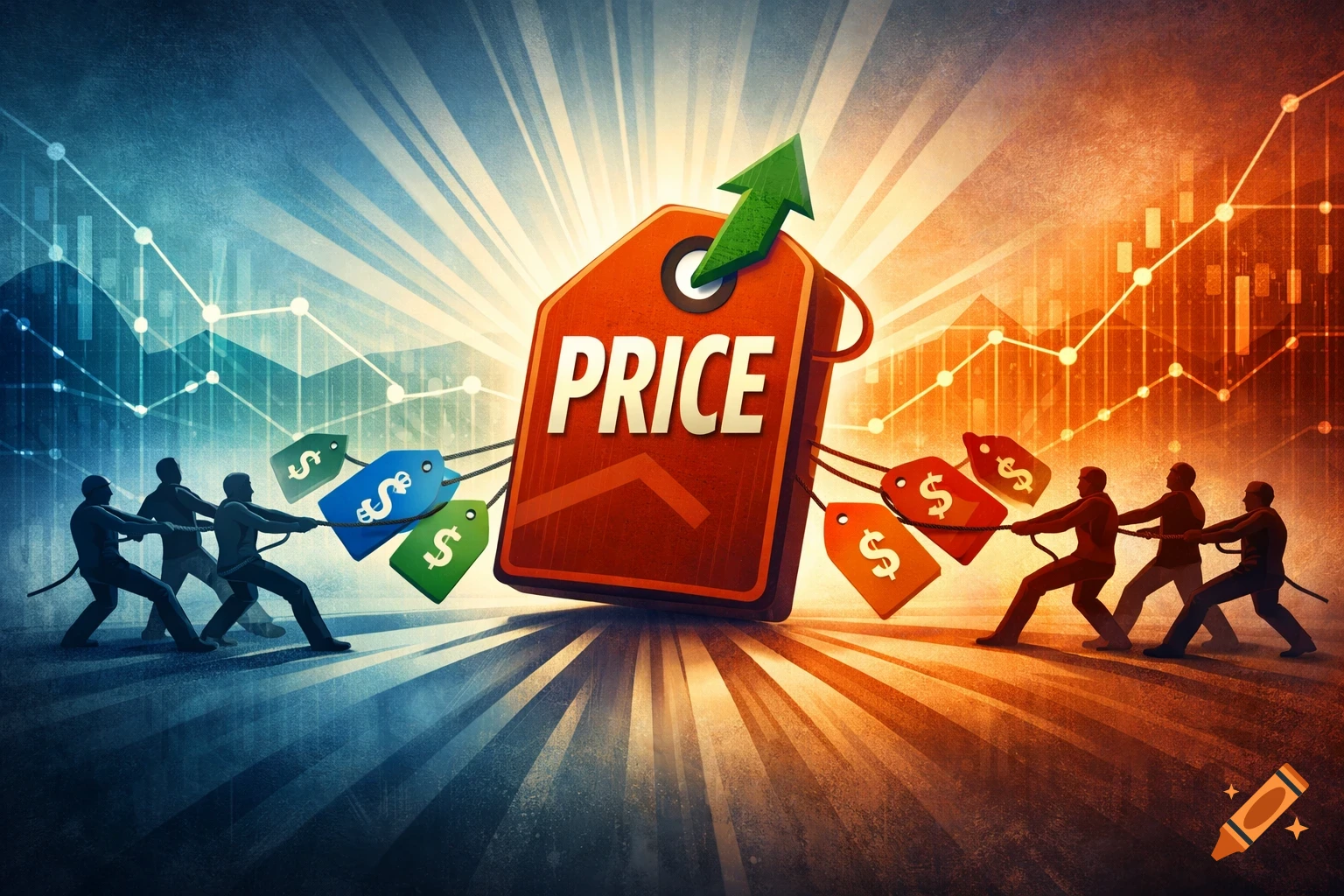 Illustrative image of people in a tug-of-war over a large red 'PRICE' tag with an upward arrow, against a backdrop of financial charts.