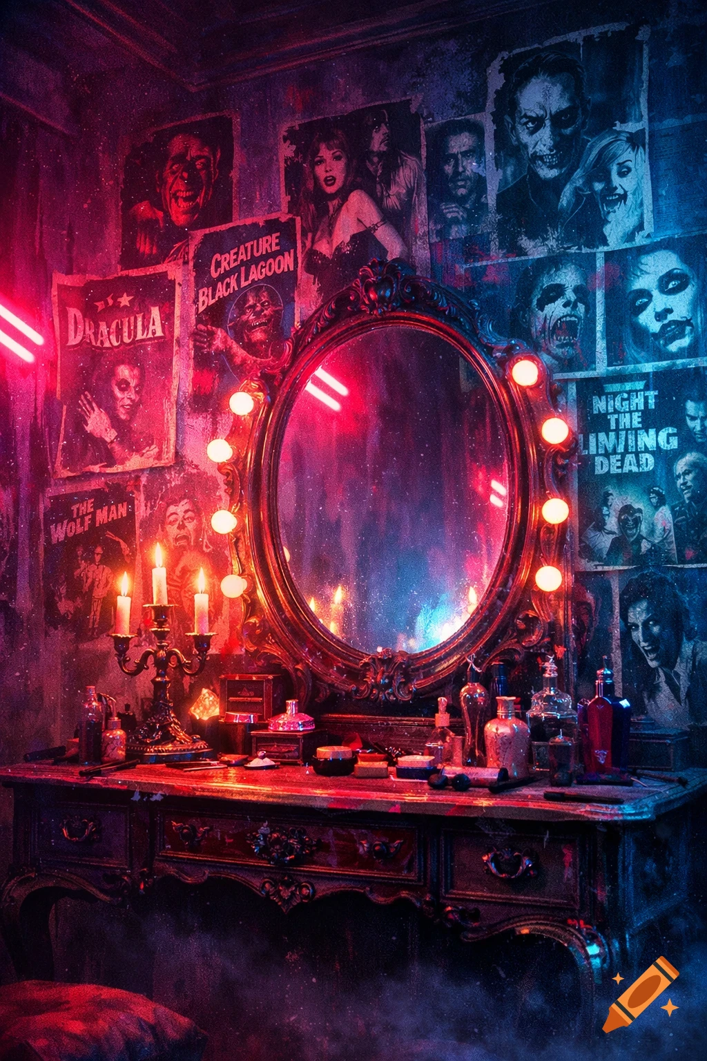 A dark room with a vintage vanity, surrounded by classic horror movie posters under vibrant red and blue neon lights.