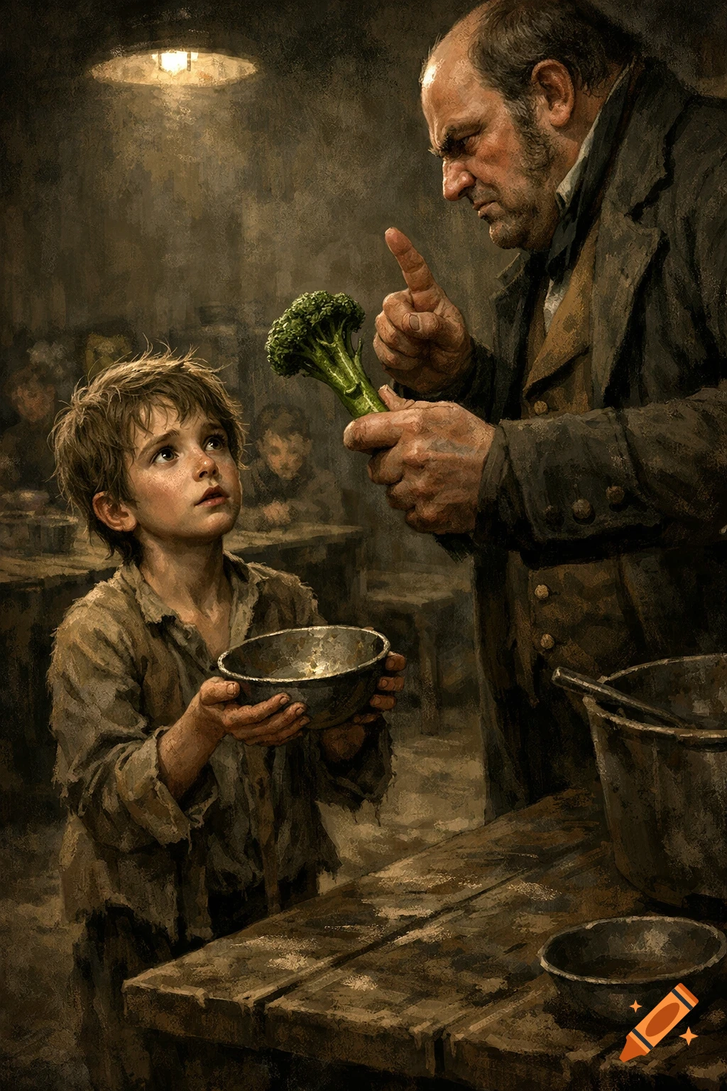 A stern man scolds a ragged boy holding an empty bowl, offering him broccoli, in a dark, painterly scene.