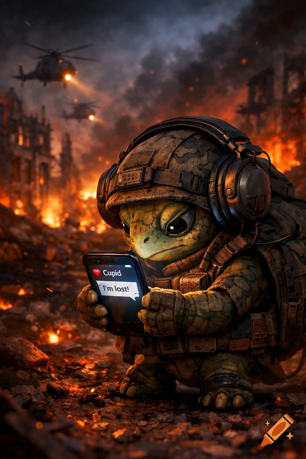 A cute turtle in combat gear and headphones checks a phone reading "Cupid I'm lost!" in a fiery warzone with helicopters.