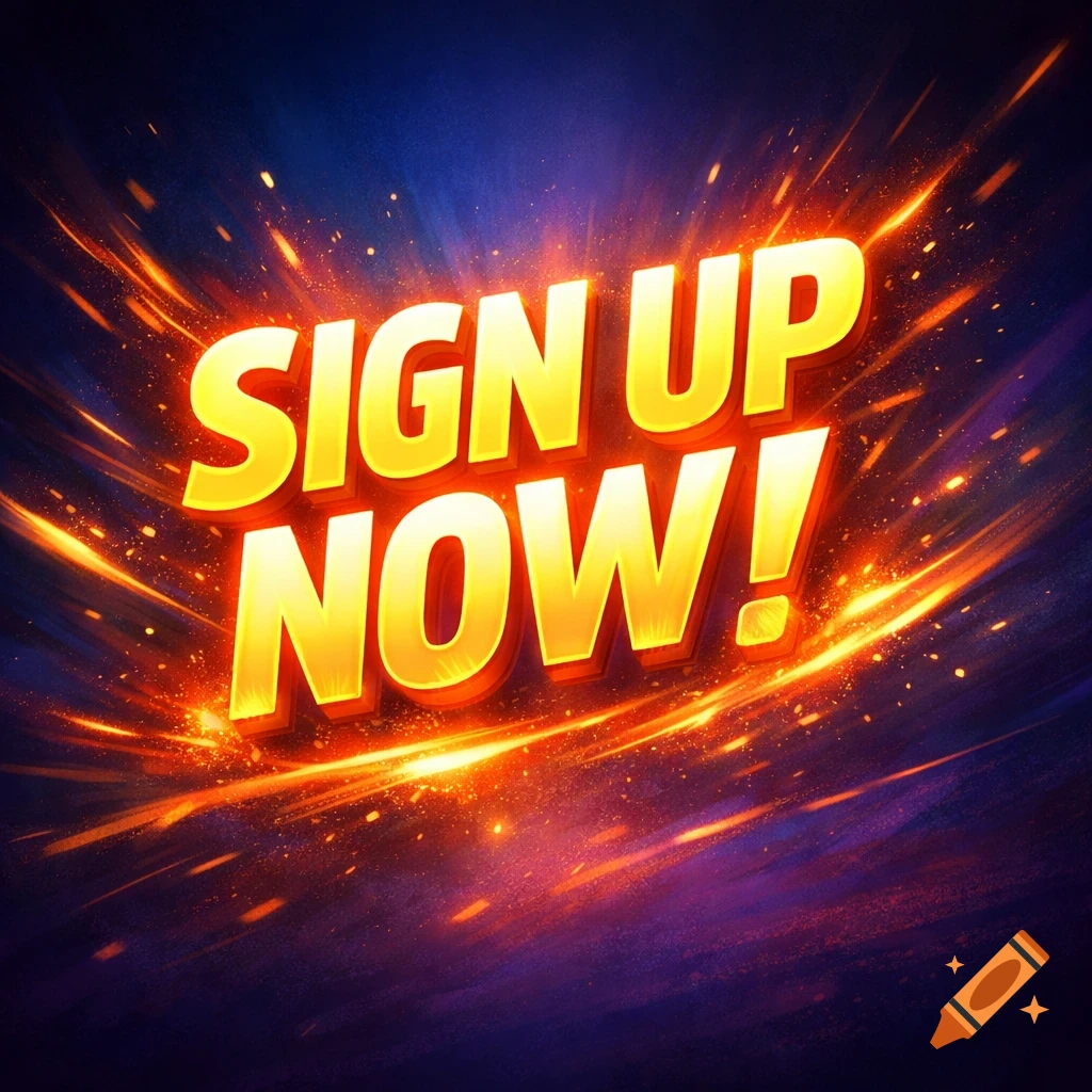 Bold, yellow 'SIGN UP NOW!' text with fiery orange and red streaks and glowing particles on a dark blue background.