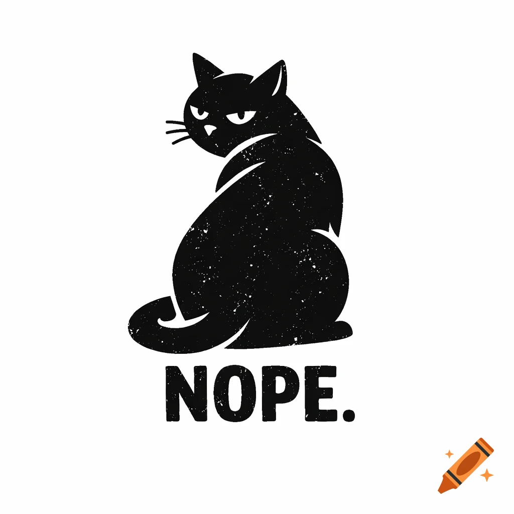 A minimalist, distressed black illustration of a grumpy cat sitting with its back turned, looking over its shoulder, with the word NOPE below.