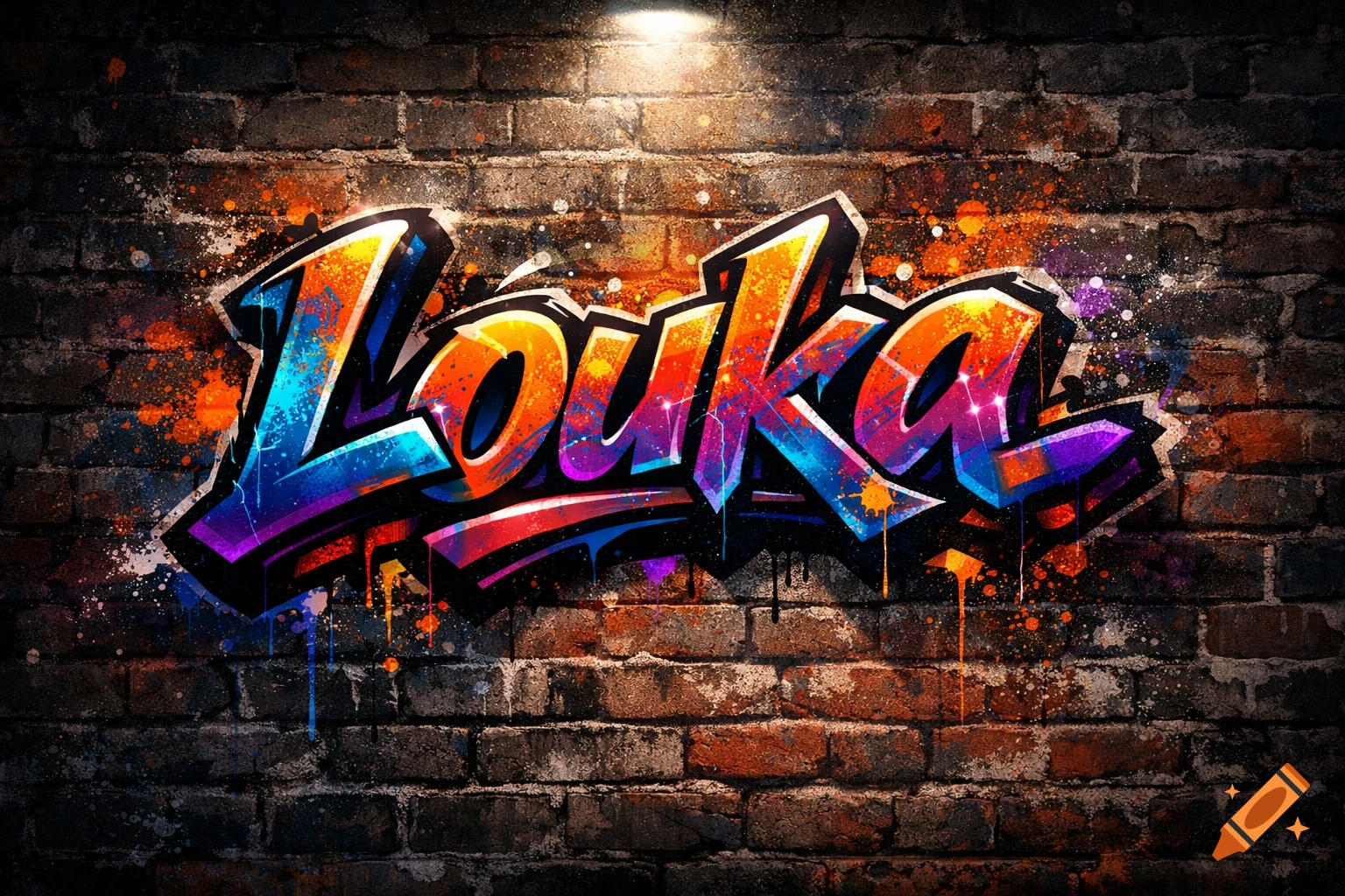 Vibrant graffiti art spelling 'LOUKA' on a dark brick wall with colorful paint splatters and a spotlight.