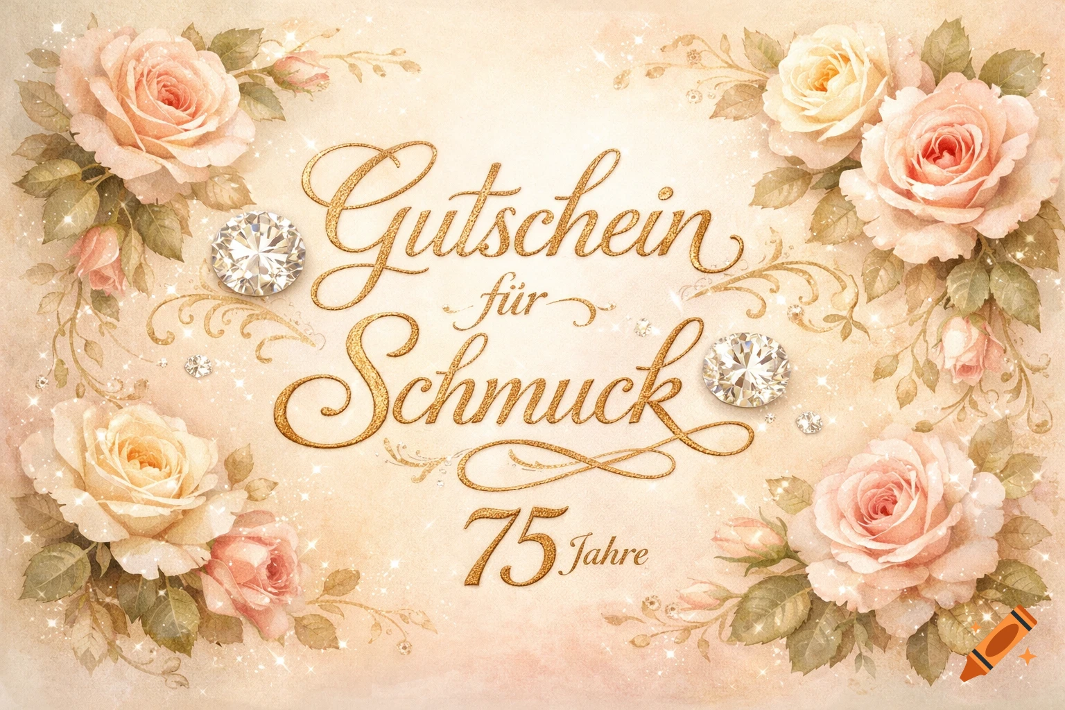 Elegant birthday card with gold glitter text 'Gutschein f r Schmuck' and '75 Jahre', adorned with watercolor roses and sparkling diamonds.