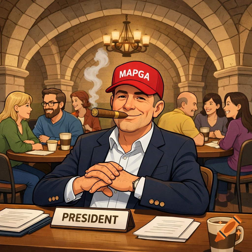 Cartoon of a man in a red 'MAPGA' cap and suit, smoking a cigar, seated at a table with a 'PRESIDENT' nameplate in a vaulted room with other people.