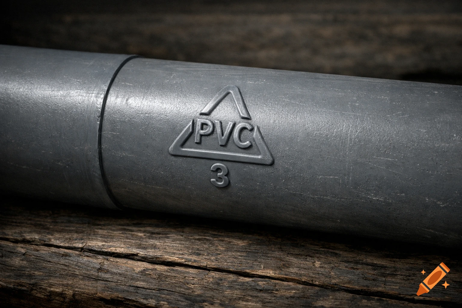 Close-up photorealistic grey PVC pipe with recycling symbol and number 3 embossed, on textured wood.