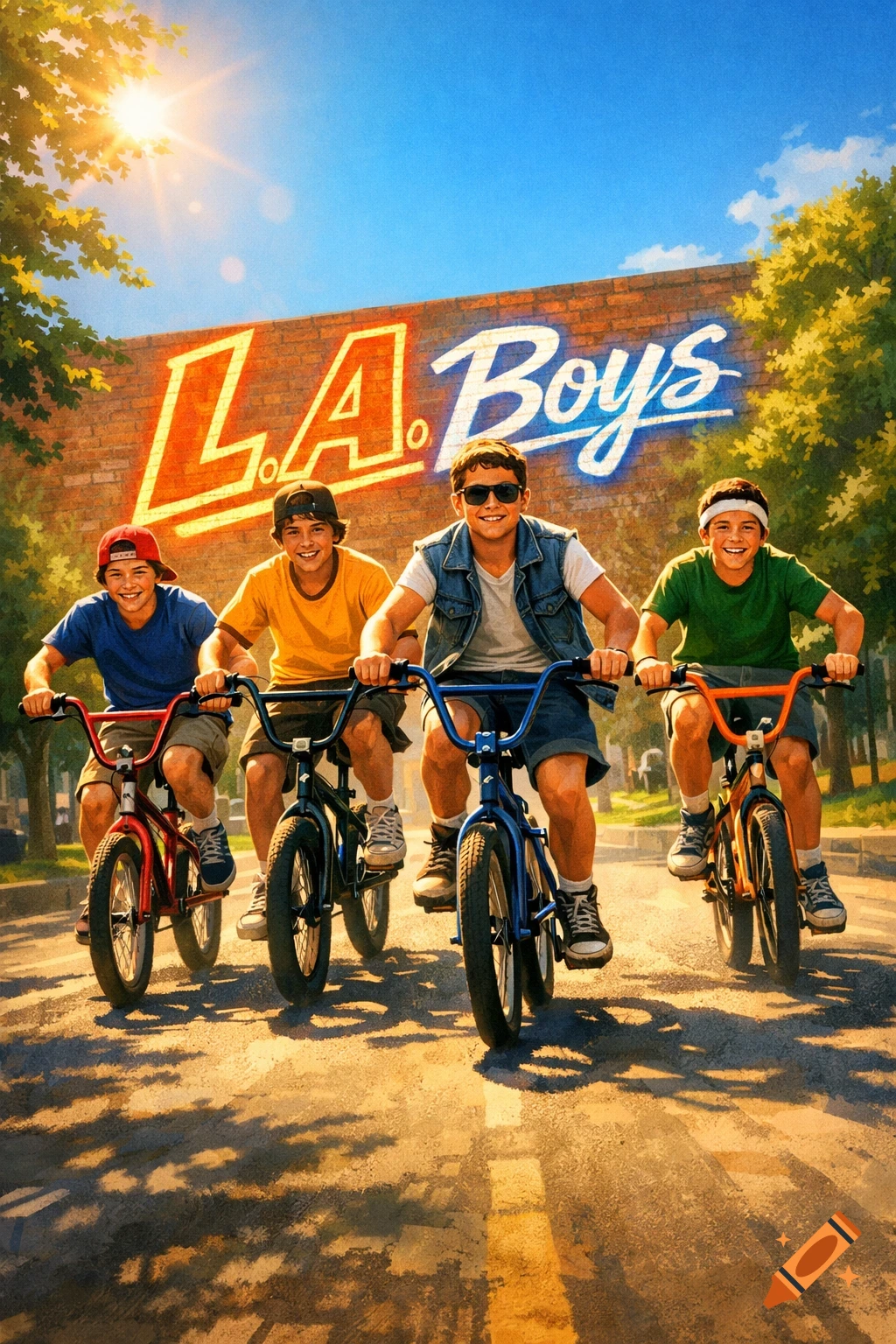 Four boys ride BMX bikes down a sunlit street with 'L.A. Boys' painted on a brick wall behind them.