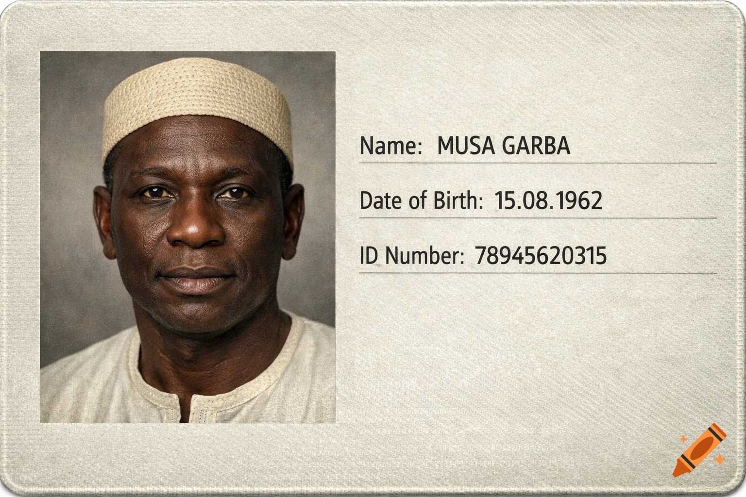 Close-up portrait of a dark-skinned man wearing a light traditional cap, displayed on an identity card with his name, birth date, and ID number.