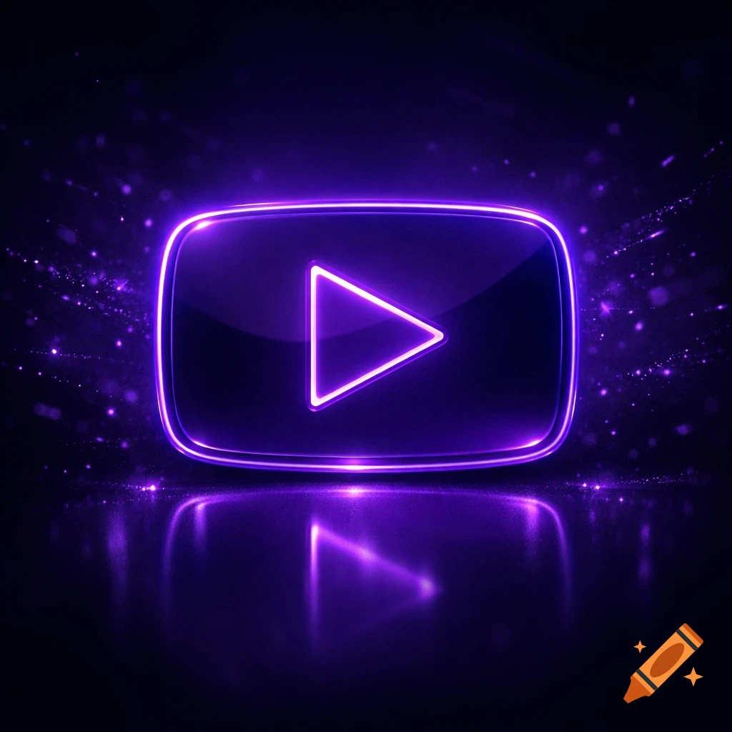 A glowing purple play button icon with neon outlines, surrounded by sparkling particles on a reflective dark surface.