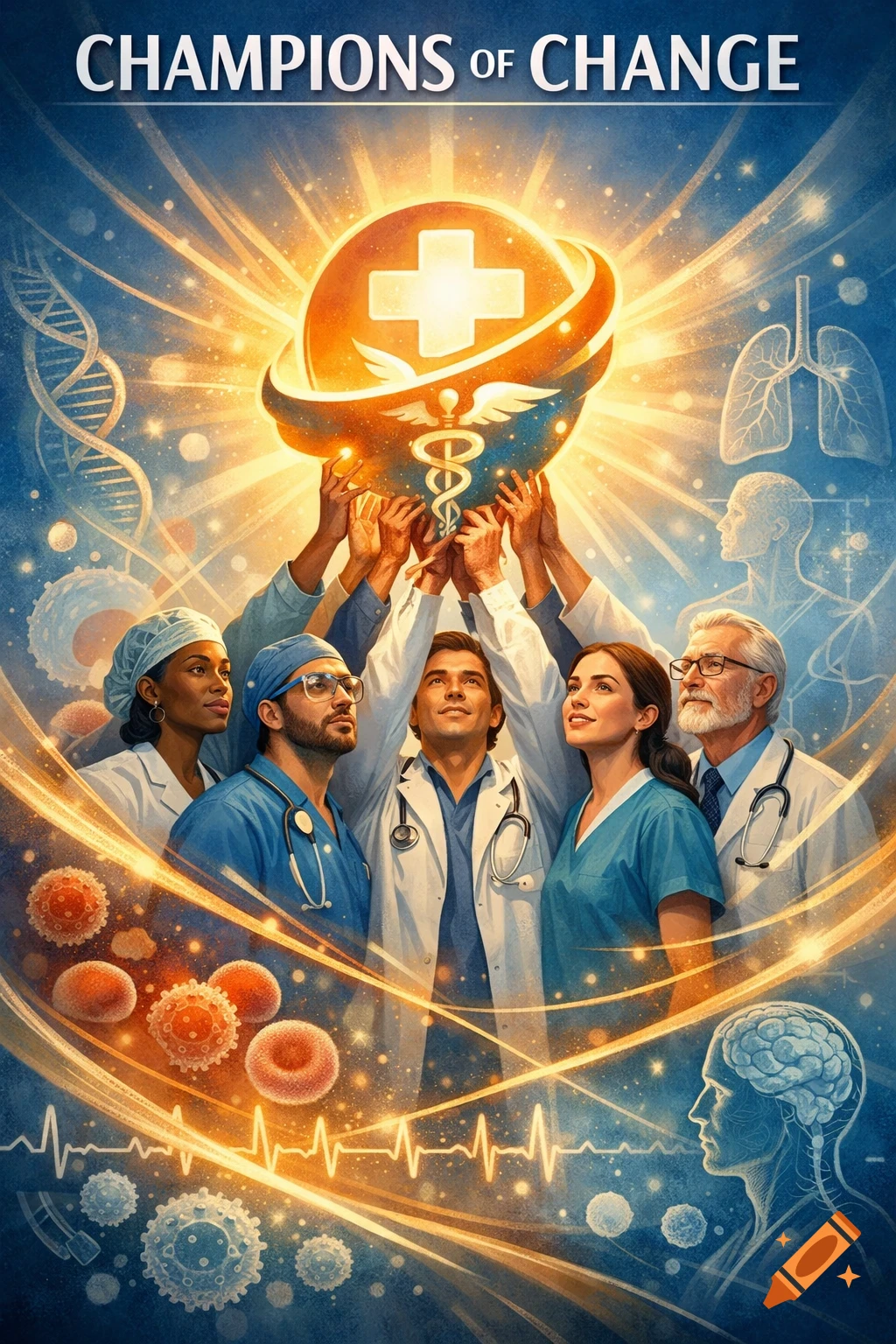 Diverse medical professionals reaching for a glowing medical symbol orb, surrounded by DNA, cells, and other scientific elements in a vibrant poster art style.