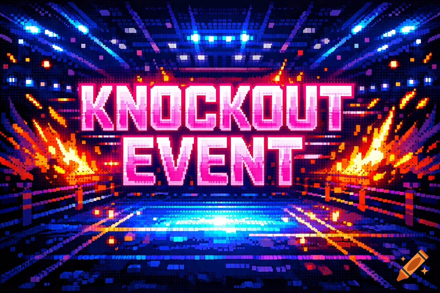 Pixelated neon text "KNOCKOUT EVENT" in a digital arena with blue lights and orange explosions.
