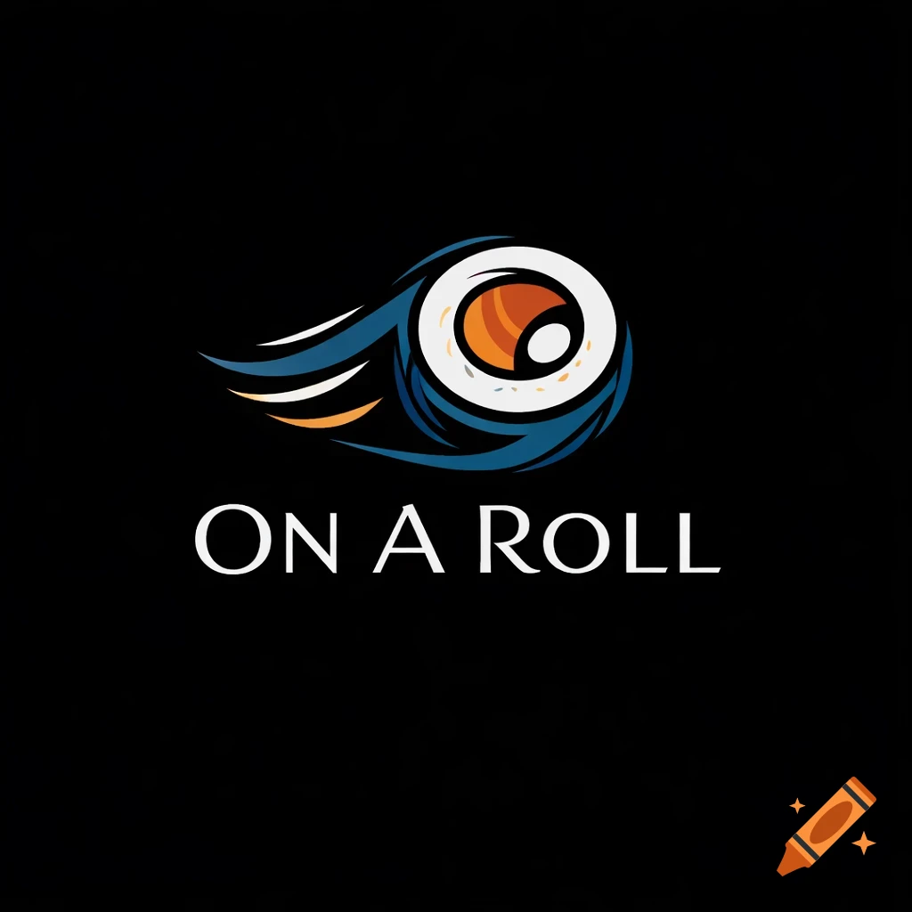 A stylized sushi roll logo with blue and orange elements, above the white text "ON A ROLL" on a black background.