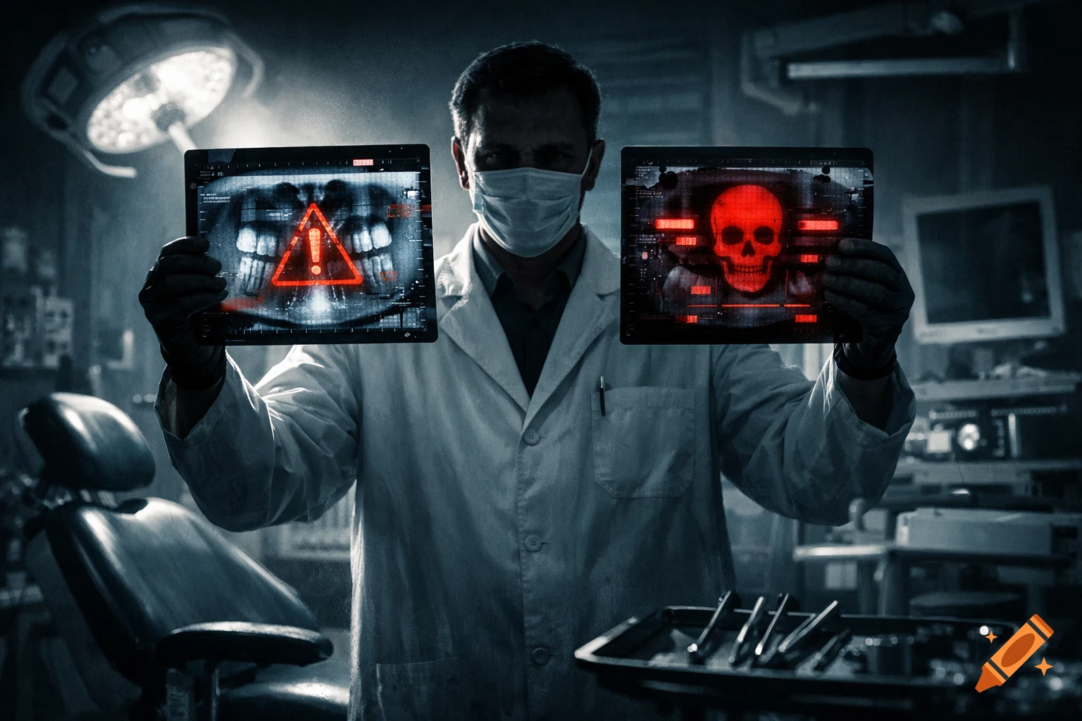 A masked dentist in a lab coat holds up two glitching X-ray screens, one with a warning triangle and teeth, the other a red skull, in a dark dental clinic.