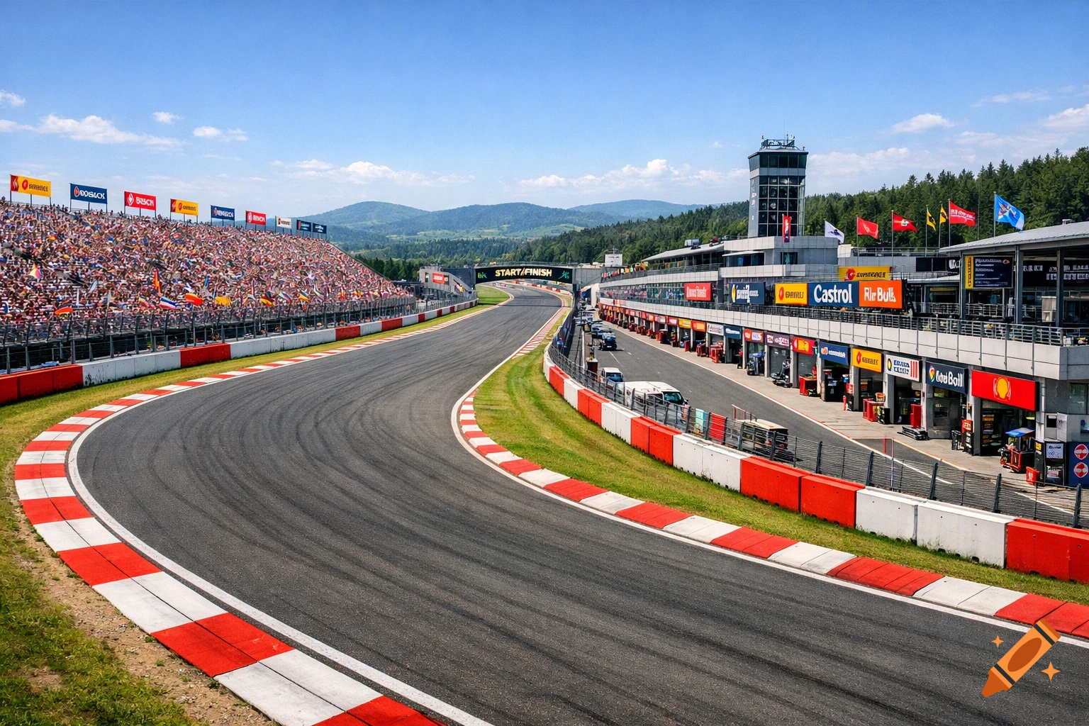 Photorealistic ultra-wide panoramic view of a sunny race track with a grandstand full of spectators and pit lane garages.