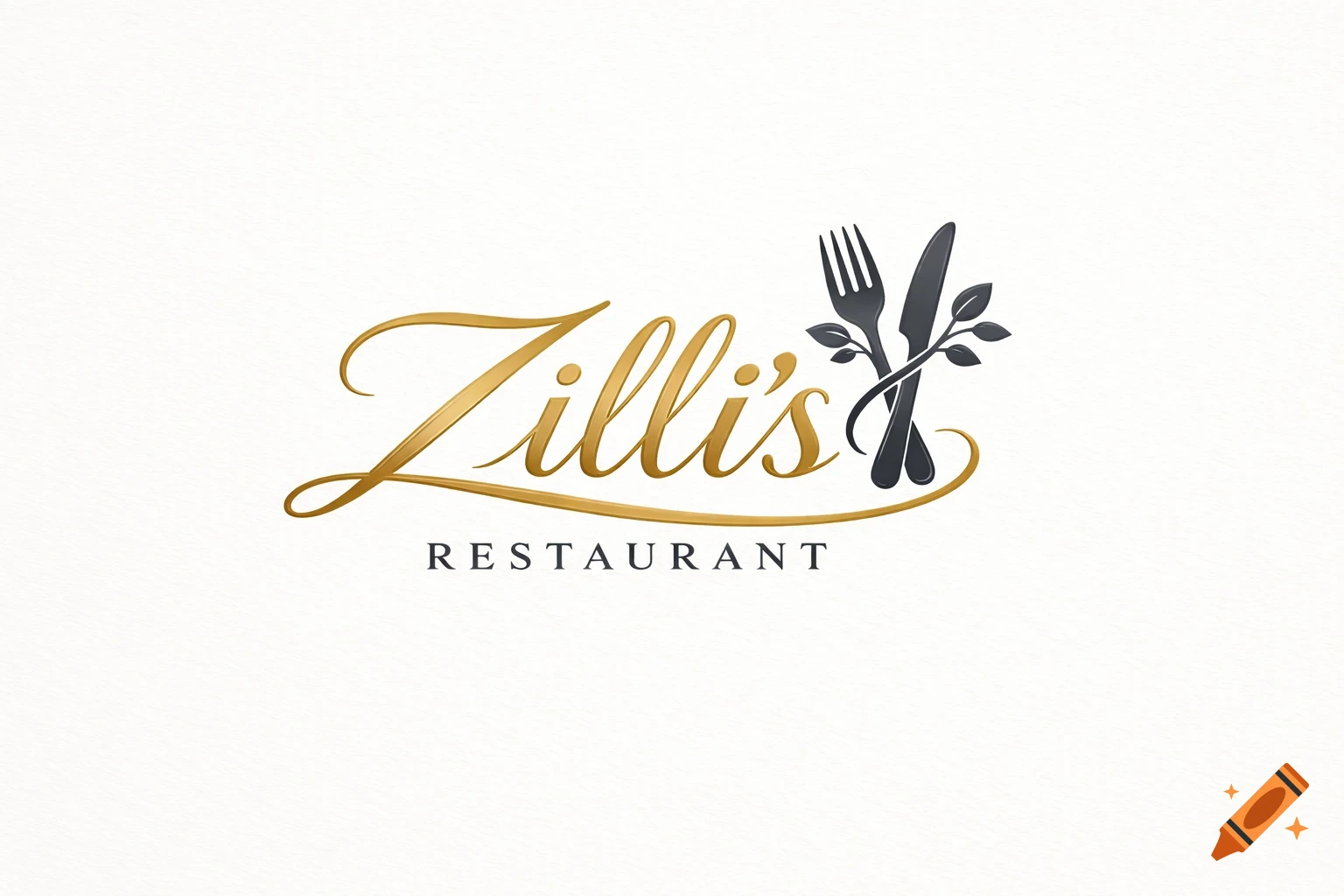 Elegant gold and black logo for Zilli's Restaurant, featuring script text, a fork, knife, and olive leaves.