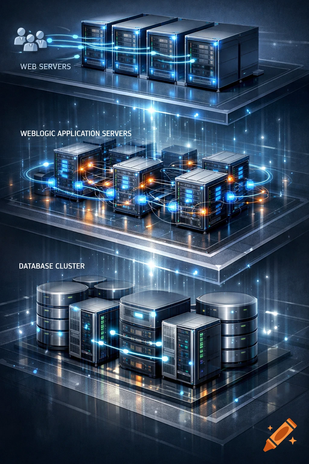A stylized 3-tier architecture diagram showing Web, WebLogic Application, and Database servers connected by glowing blue lines.