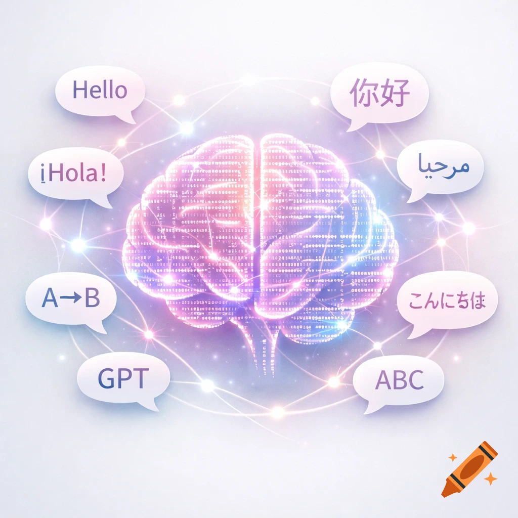 A glowing, translucent brain made of binary code and text, surrounded by speech bubbles with words like "Hello," "¡Hola!," "你好," "مرحباً," and symbols, all connected by neural network lines in soft pastel colors.