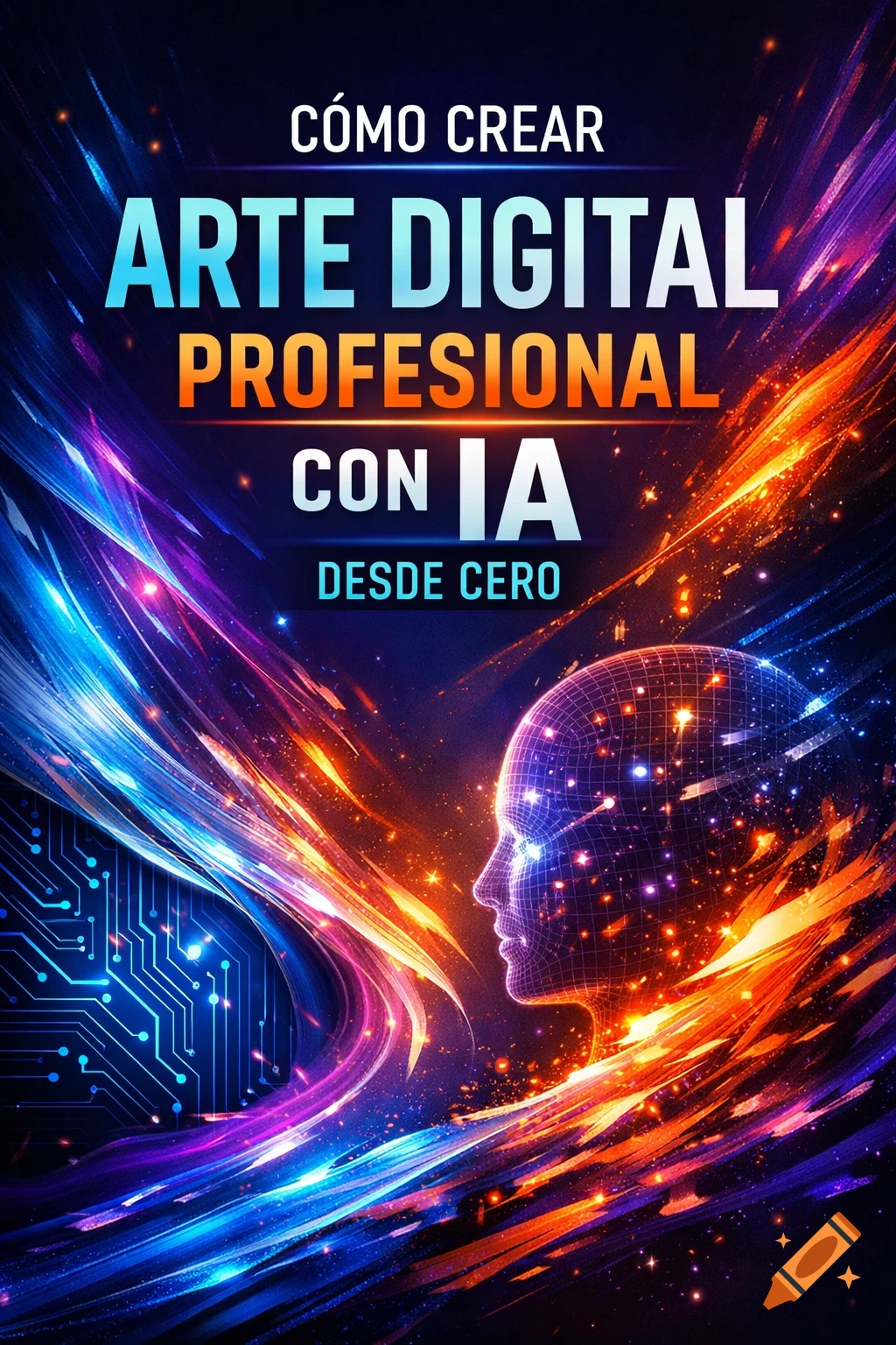 Vibrant digital book cover with a wireframe head, circuit board patterns, and blue and orange light streaks. Text: CÓMO CREAR ARTE DIGITAL PROFESIONAL CON IA DESDE CERO
