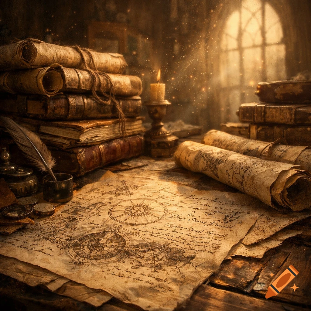 Vintage desk with old books, rolled scrolls, an open map, a quill, and a lit candle, bathed in warm, atmospheric light.