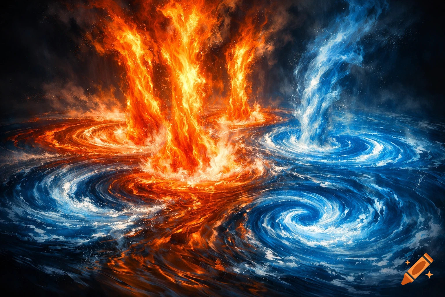 A dramatic scene of swirling orange fire currents merging with powerful blue water currents, creating a dynamic elemental clash.