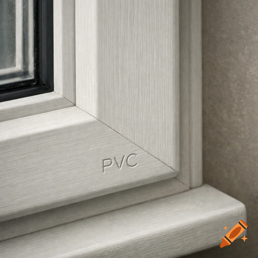 Close-up of a light grey PVC window frame with wood grain texture and "PVC" embossed, realistic.