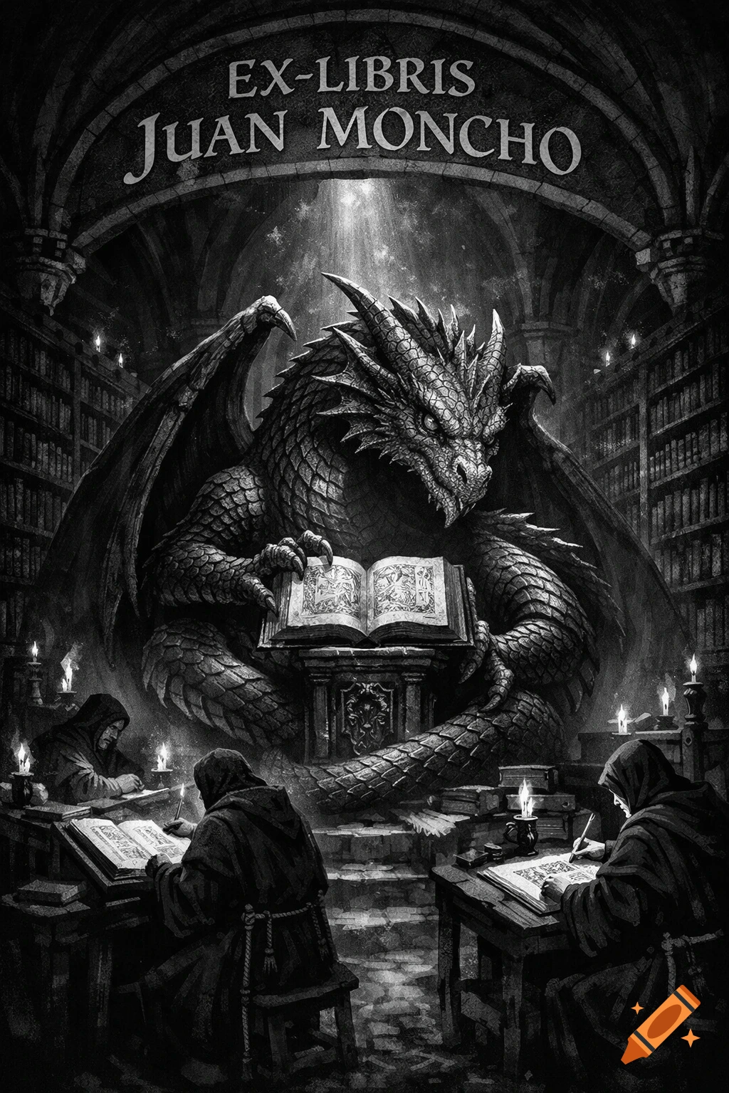 Monochrome gothic art of a large dragon reading a book in a dark library, with monks writing. Text: EX-LIBRIS JUAN MONCHO.