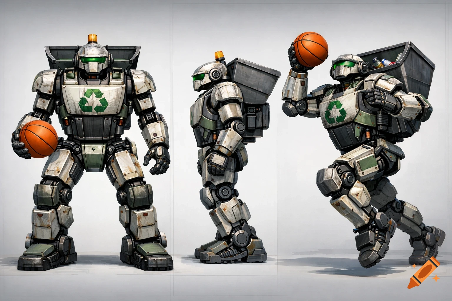 Three detailed views of a white and green garbage robot with a recycle symbol on its chest, holding and dribbling a basketball.