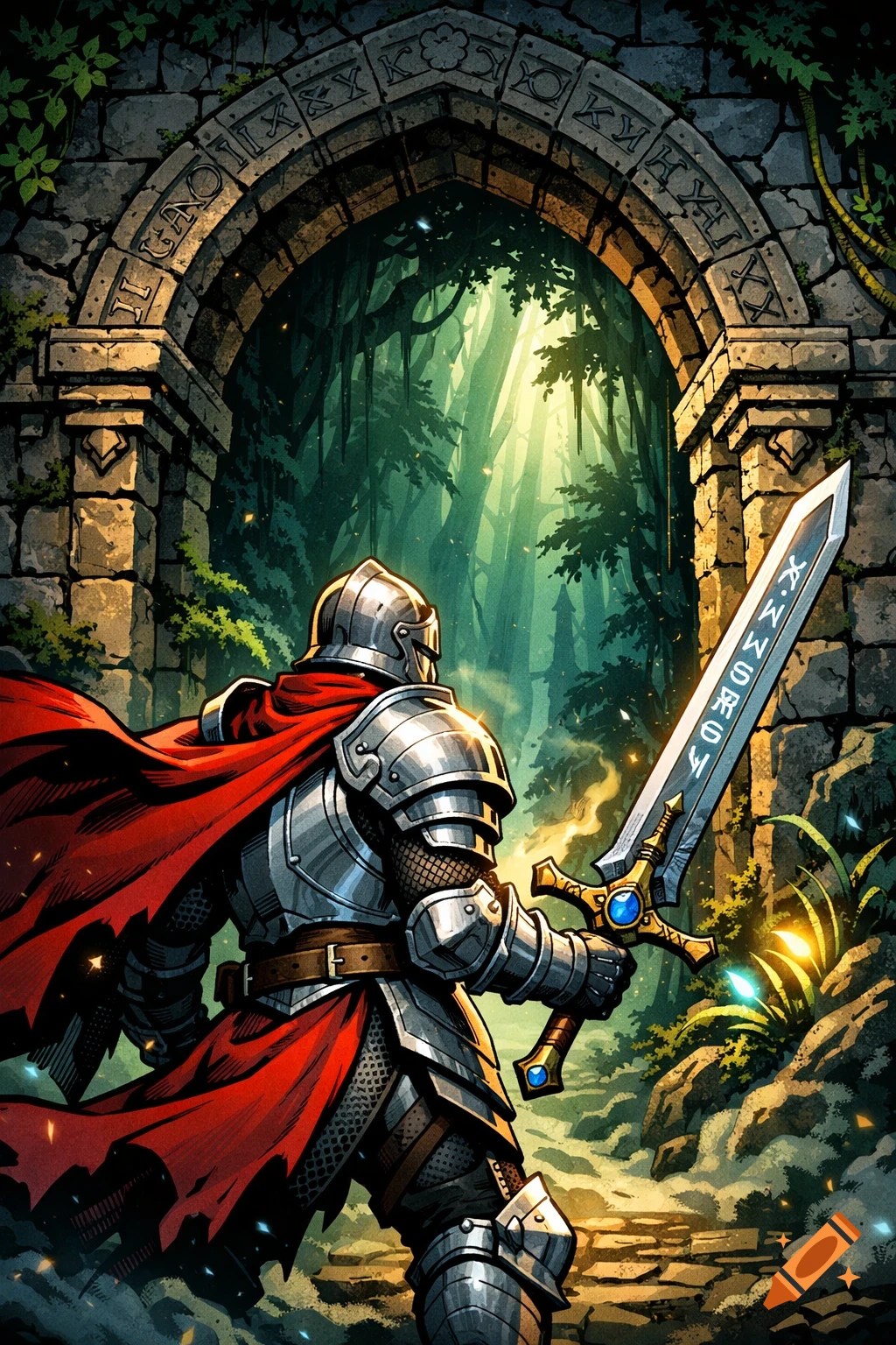 A knight in shining armor with a red cape holds a sword, standing before a stone archway leading to a mystical forest, comic art style.