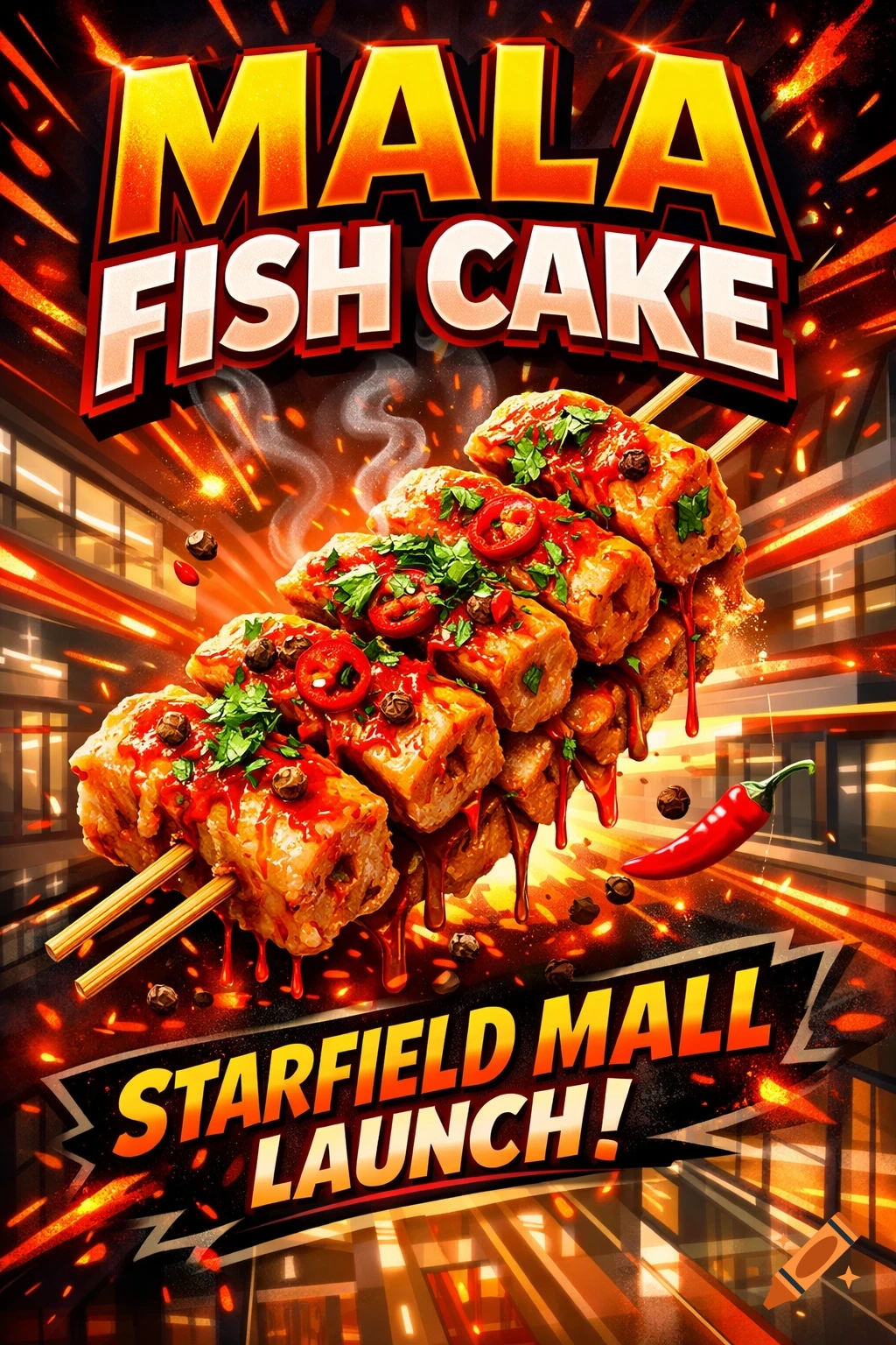 Vibrant poster for Mala Fish Cake launch at Starfield Mall, featuring spicy fish cakes on skewers with chili and herbs, against a fiery background.
