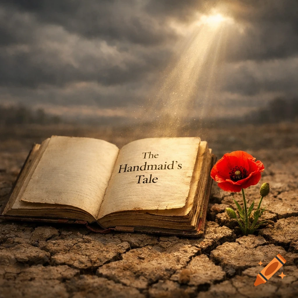 An open book titled 'The Handmaid's Tale' lies on cracked dry earth, with a red poppy growing beside it, bathed in a ray of sunlight breaking through dark clouds.