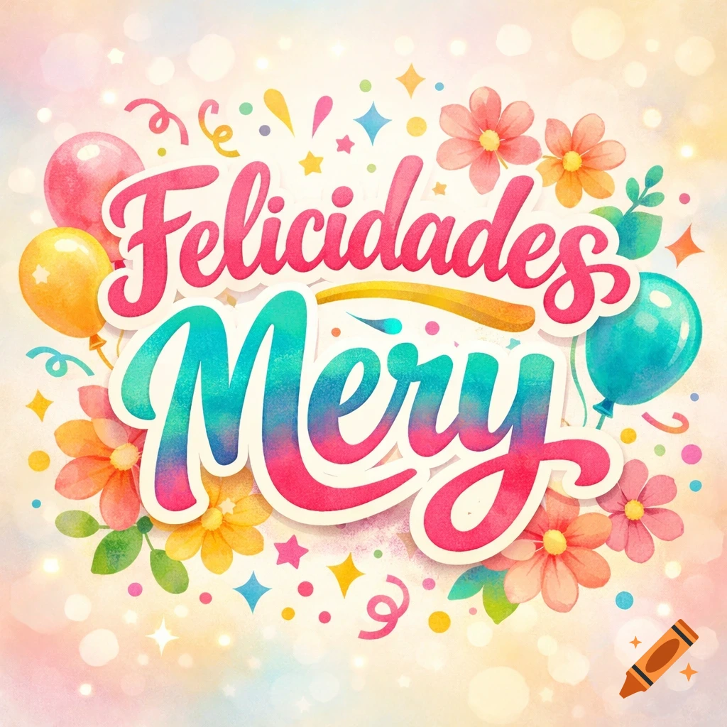 Colorful 'Felicidades Mery' lettering on a cheerful greeting card with balloons, flowers, and sparkling confetti on a bokeh background.