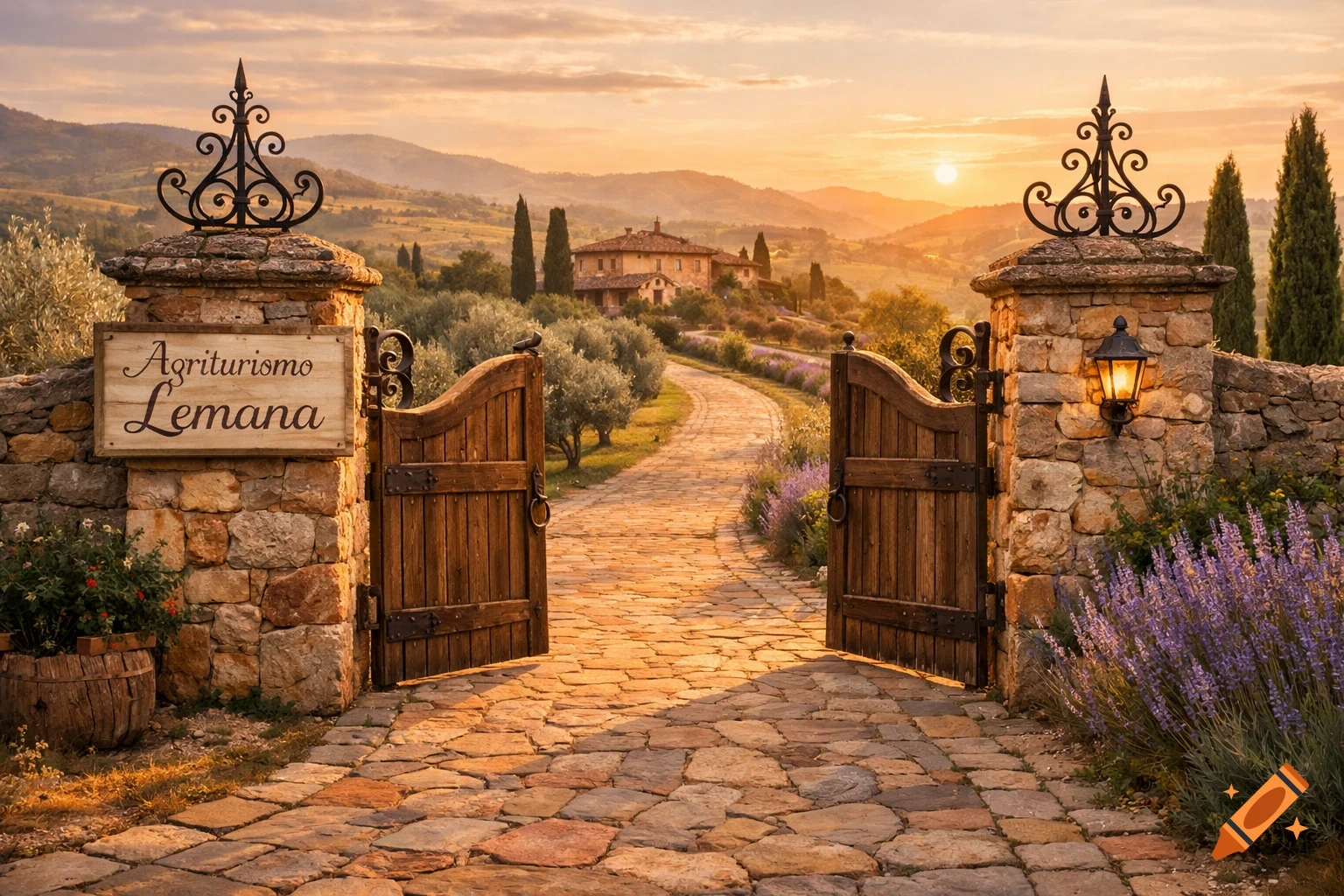 A rustic stone entrance with an open wooden gate and a sign reading "Agriturismo Lemana" leads to a villa in a golden Tuscan landscape at sunset.