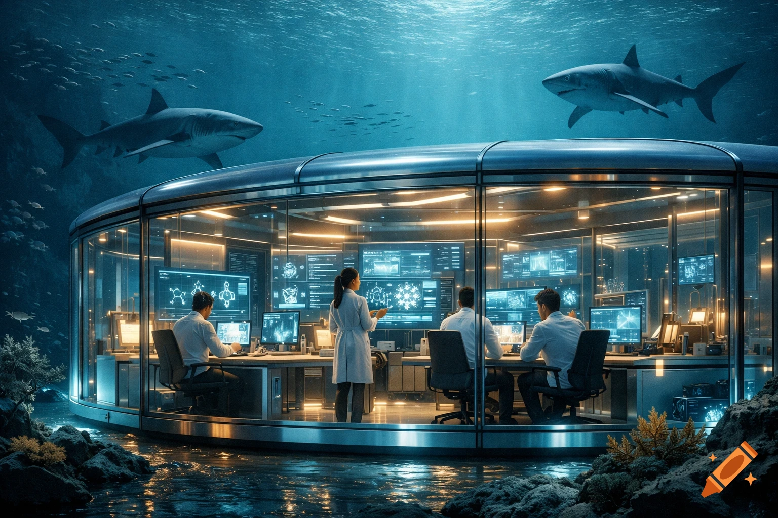 A futuristic glass lab underwater, with scientists working at screens and sharks swimming past outside.