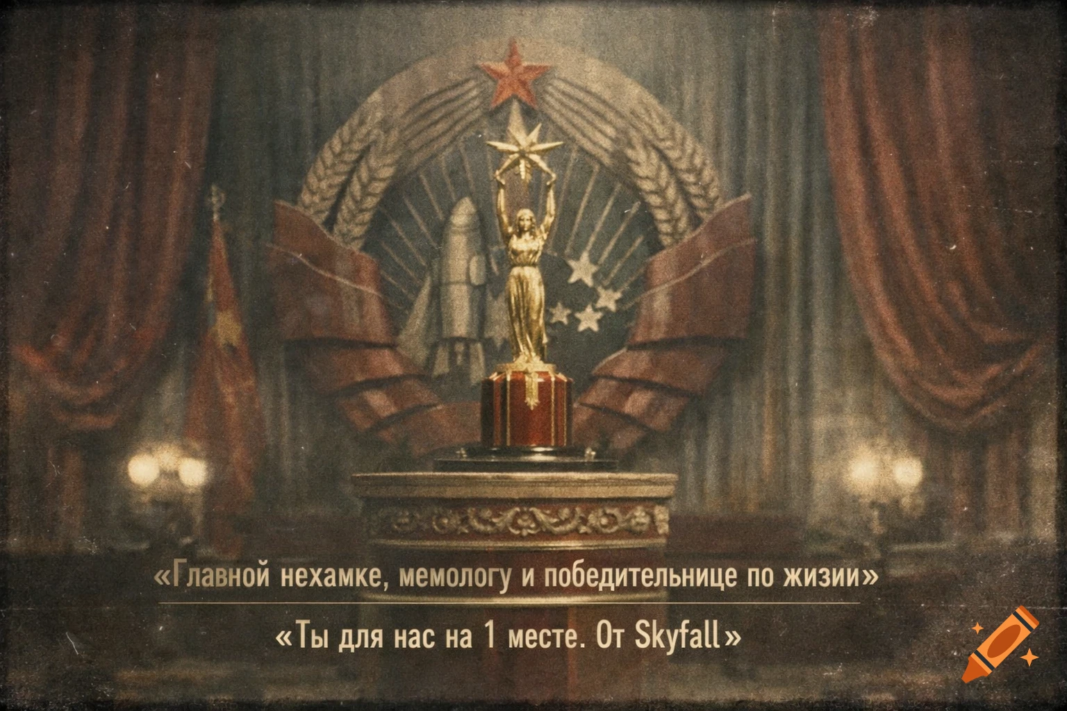 A vintage Soviet-style film still showing a golden trophy, emblem with a rocket, and Cyrillic text subtitles.