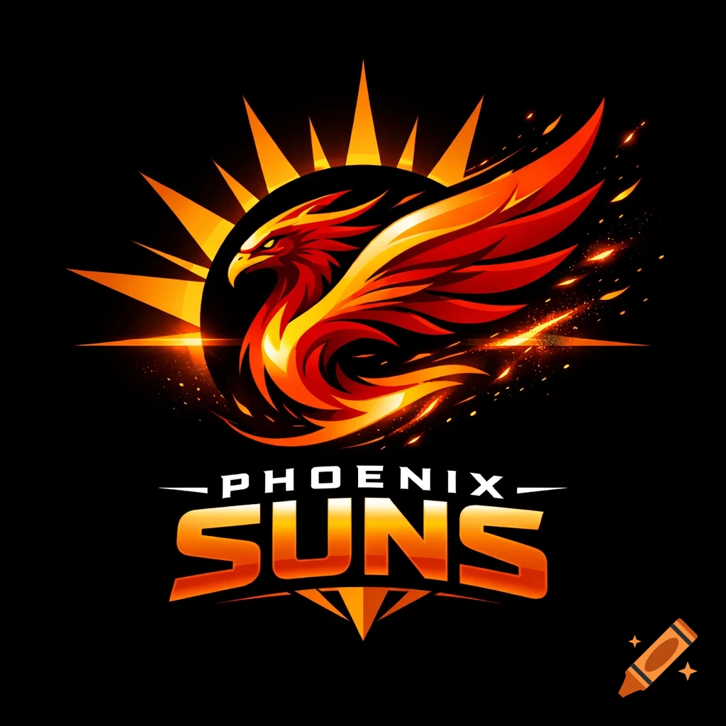 A vibrant logo of a fiery phoenix with outstretched wings in front of a radiant sun, above the words 'PHOENIX SUNS'.